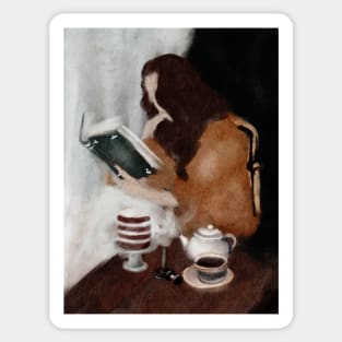 Young Woman Reading By A Window in a Gold Sweater With Tea and Cake Watercolor Sticker